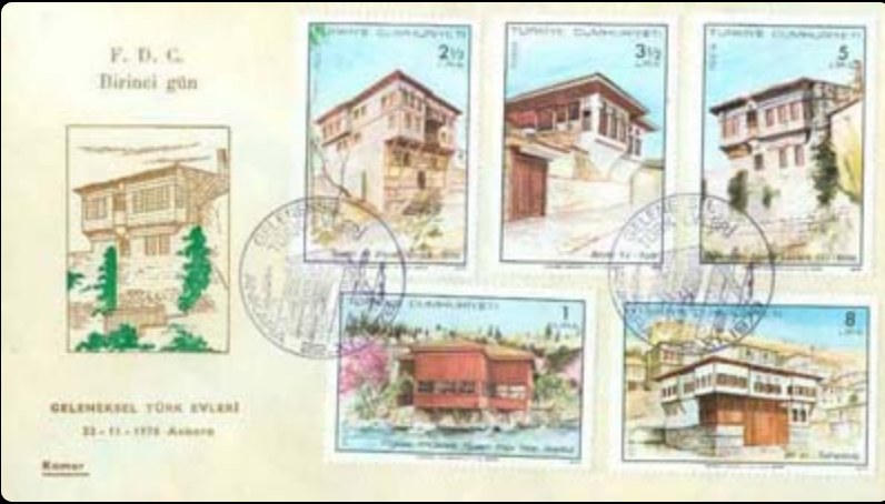 Geleneksel Türk Evleri serisinin beş pulunun yapıştırıldığı, Ankara 22.XI.1978 damgalı ilk gün zarfı.
